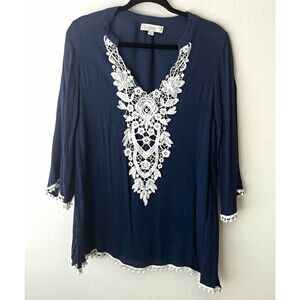 Weekend Suzanne Betro Women's Blue Rayon V-Neck Lace Blouse 3/4 Bell Sleeve S
